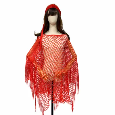 Women Fashion Sexy Spring And Summer Solid Color Hollow-Out Fishing Net Tassel Swimsuit Cover-Ups
