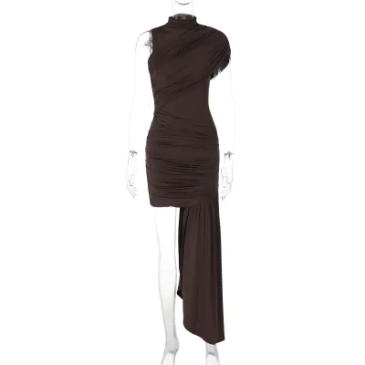 Women'S Fashion Sexy Solid Color Round Neck Pleated Irregular Sleeveless Slim-Fit Dress