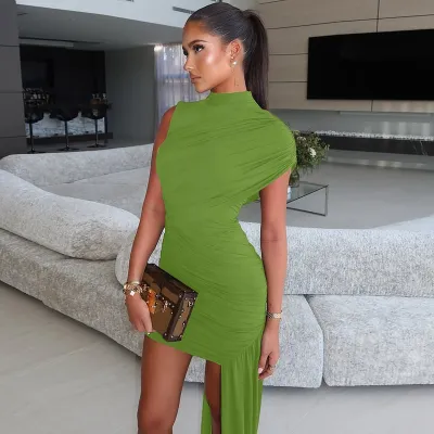 Women'S Fashion Sexy Solid Color Round Neck Pleated Irregular Sleeveless Slim-Fit Dress