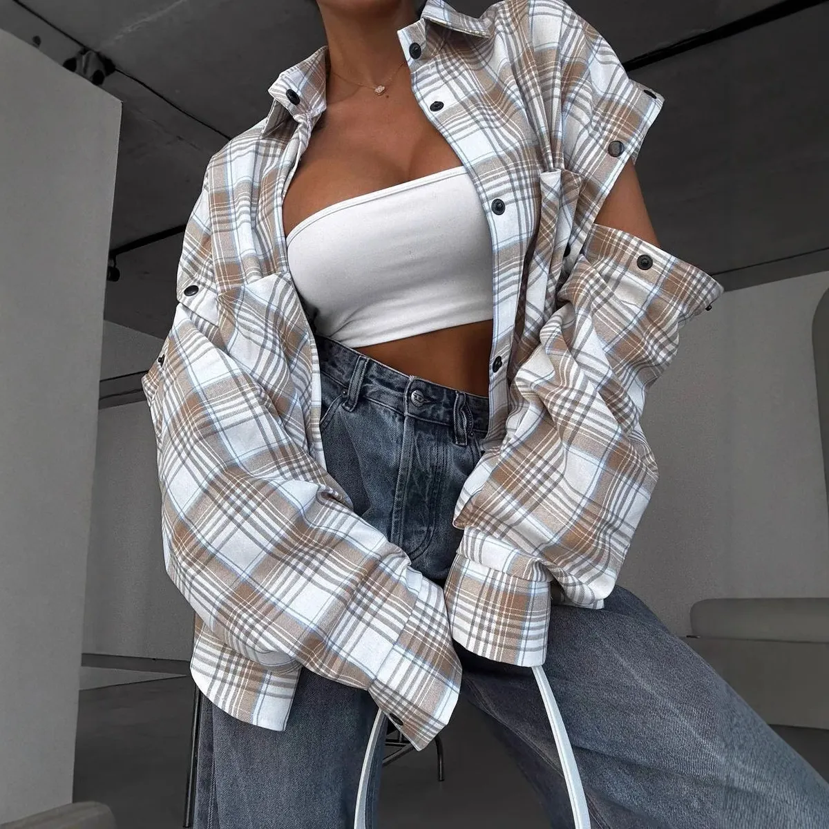 Women Fashion Casual Spring Plaid Detachable Long Sleeve Large Pocket Blouse