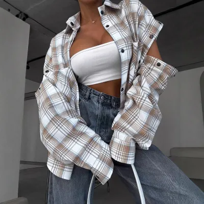 Women Fashion Casual Spring Plaid Detachable Long Sleeve Large Pocket Blouse