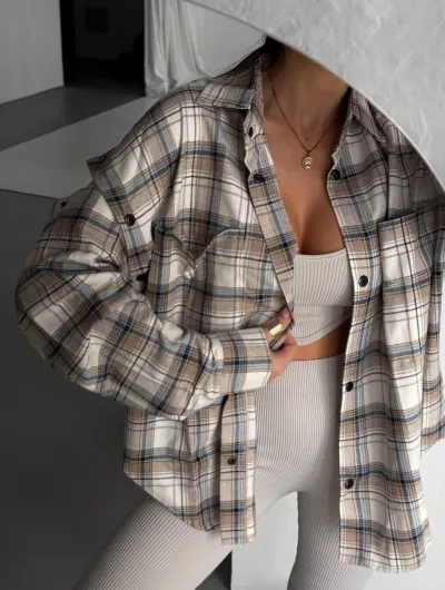 Women Fashion Casual Spring Plaid Detachable Long Sleeve Large Pocket Blouse
