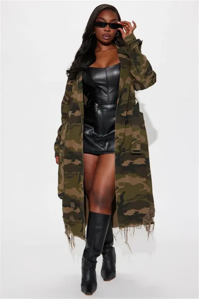 Women Fashion Casual Autumn Winter Camouflage Lapel Long-Sleeve Loose Long Coat