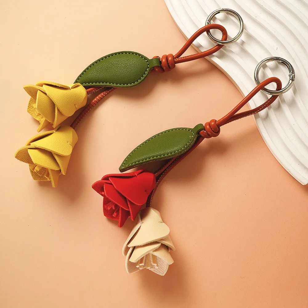 Women Fashion Handmade Leather Tulip Flower Bag Pendant Car Keychain