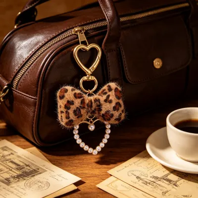 Women Fashion Plush Leopard Heart Bag Pendant Keychain