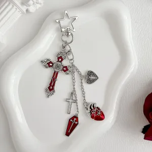 Women Fashion Retro Gothic Cross Red Heart-Shaped Punk Pendant Keychain