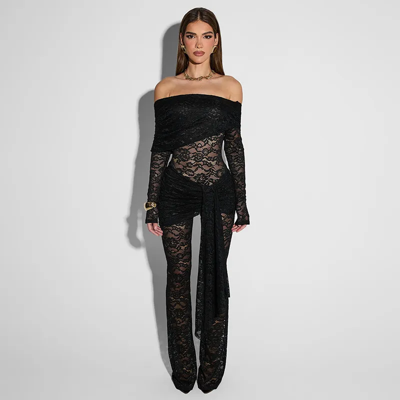 Women Fashion Sexy Solid Color Lace Long-Sleeve Open-Shoulder See-Through Slim-Fit Jumpsuits