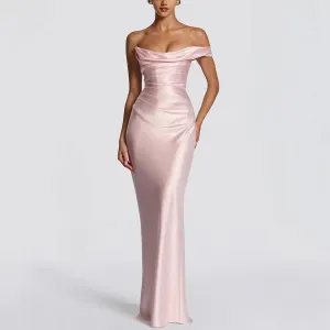 Women Fashion Sexy Elegant Solid Color Satin Off-Shoulder Party Dress