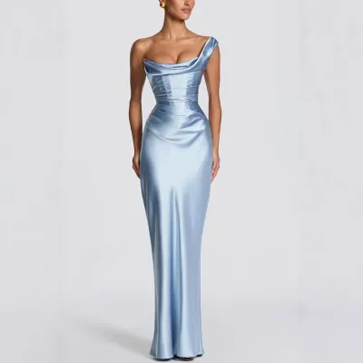Women Fashion Sexy Elegant Solid Color Satin Off-Shoulder Party Dress