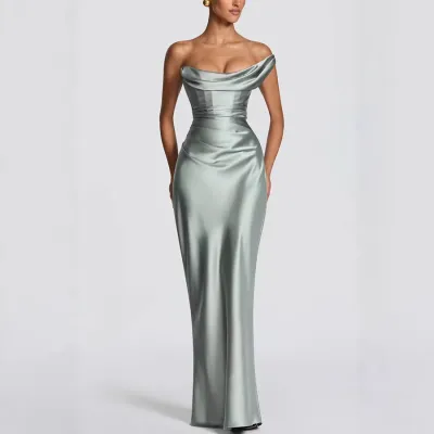 Women Fashion Sexy Elegant Solid Color Satin Off-Shoulder Party Dress