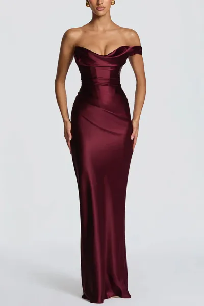 Women Fashion Sexy Elegant Solid Color Satin Off-Shoulder Party Dress