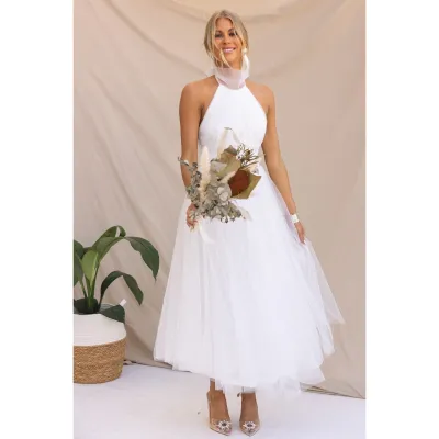 Women Fashion Sexy Spring And Summer Solid Color Mesh Halter-Neck A-Line Party Dress