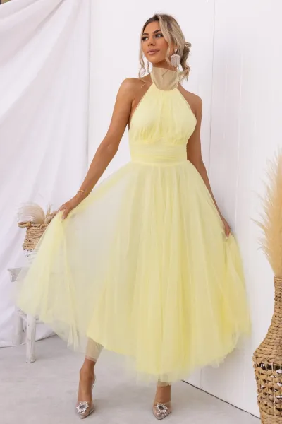 Women Fashion Sexy Spring And Summer Solid Color Mesh Halter-Neck A-Line Party Dress
