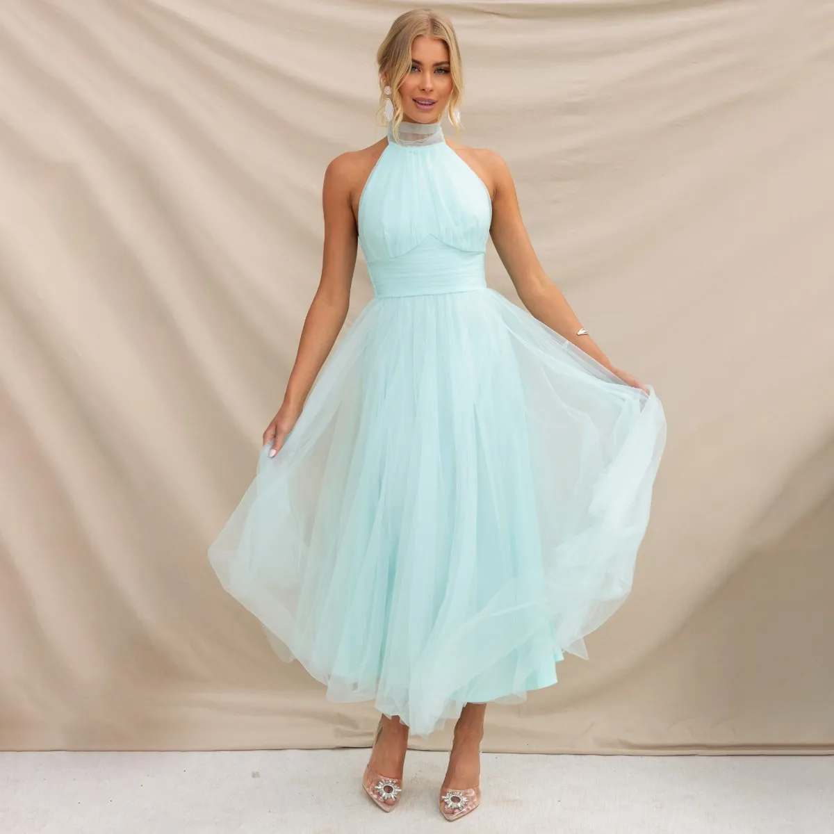 Women Fashion Sexy Spring And Summer Solid Color Mesh Halter-Neck A-Line Party Dress