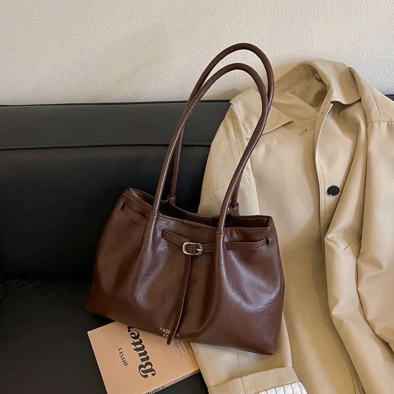 Vintage Solid Color Large Capacity PU Shoulder Tote Bag