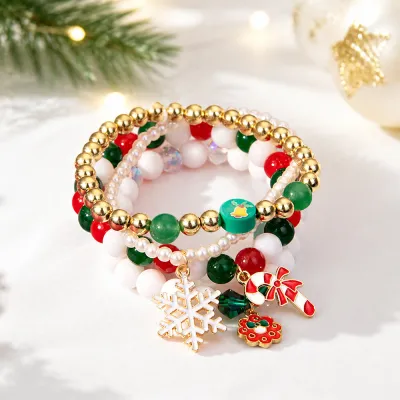 Christmas Women Fashion Soft Pottery Beaded Santa Claus Snowflake Stacked Bracelet Set