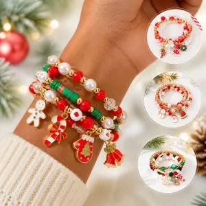 Christmas Women Fashion Soft Pottery Beaded Santa Claus Snowflake Stacked Bracelet Set