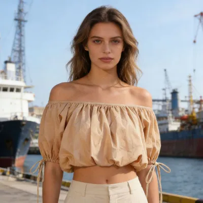 Women Fashion Sexy Summer Solid Color Off-Shoulder Design Drawstring Crop Top