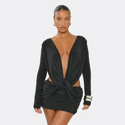 Women Fashion Sexysolid Color Deep V Collar Kink Pleated Long Sleeve Short Dress