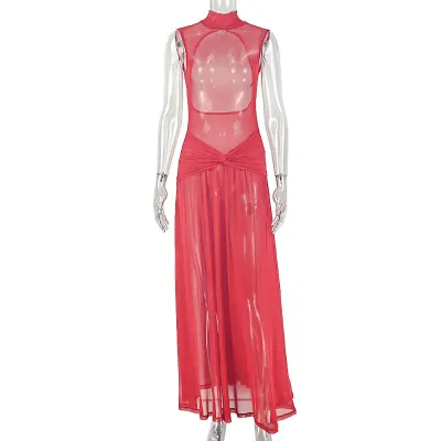 Women Fashion Elegant Solid Color High Collar Sleeveless Backless A- Line Dress