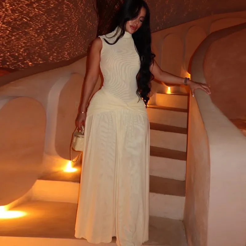 Women Fashion Elegant Solid Color High Collar Sleeveless Backless A- Line Dress