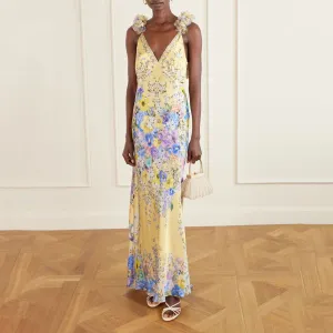 Women Fashion Flower Print Spaghetti Strap Backless Dress