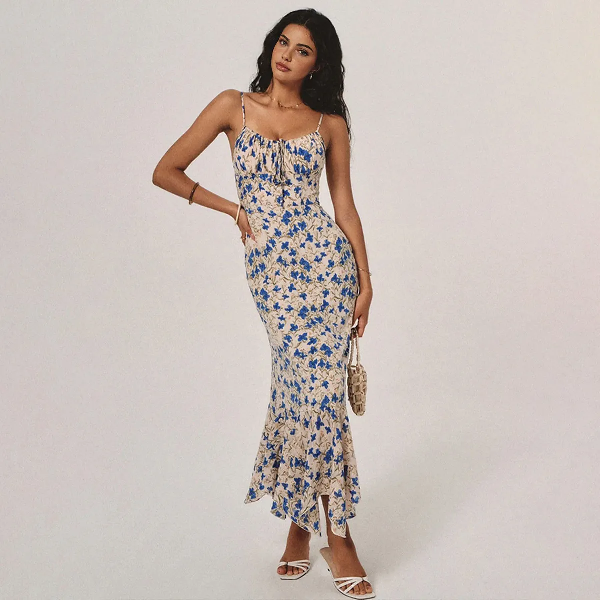Women Fashion Sexy Elegant Flower Printed Spaghetti Strap Long Dress