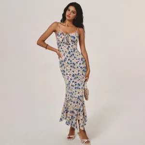 Women Fashion Sexy Elegant Flower Printed Spaghetti Strap Long Dress