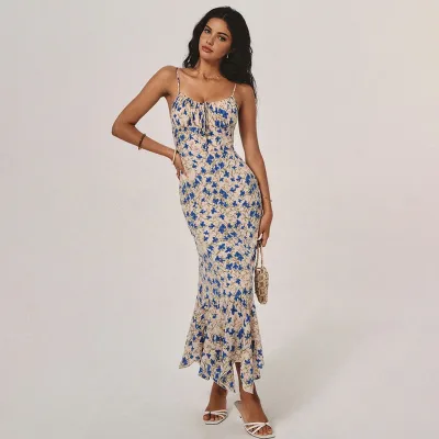 Women Fashion Sexy Elegant Flower Printed Spaghetti Strap Long Dress