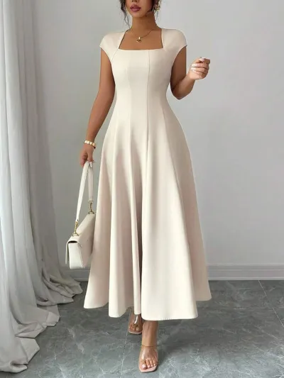Women'S Fashion Elegant Simple Solid Color Square Collar Short Sleeve A-Line Dress