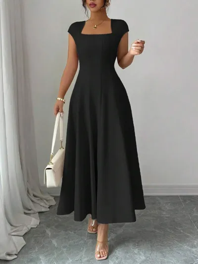 Women'S Fashion Elegant Simple Solid Color Square Collar Short Sleeve A-Line Dress