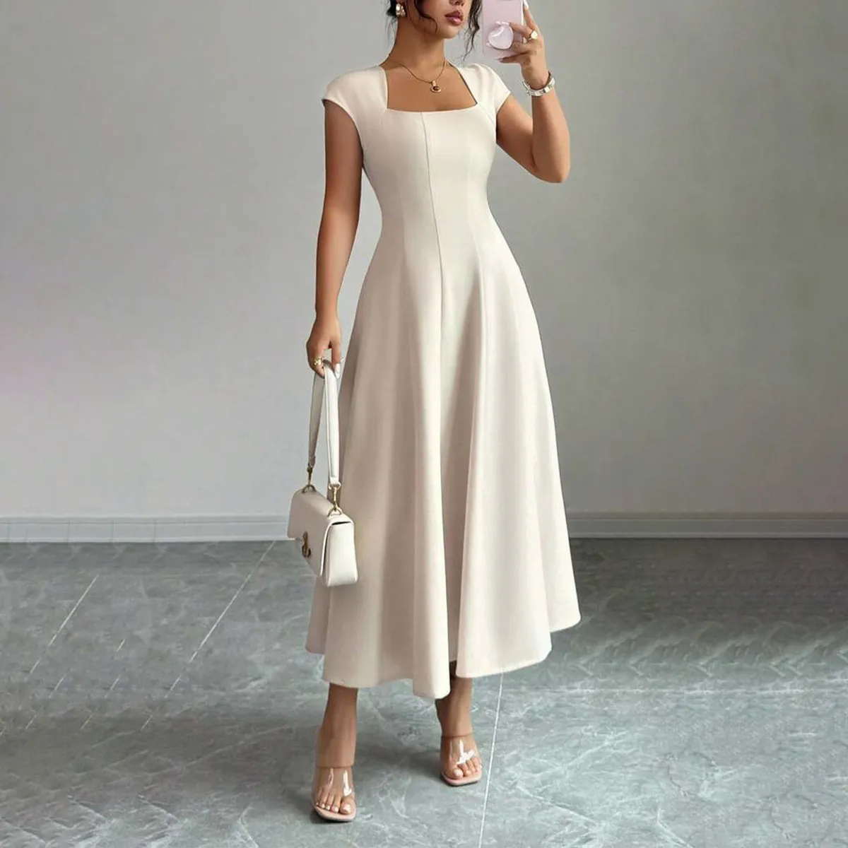 Women'S Fashion Elegant Simple Solid Color Square Collar Short Sleeve A-Line Dress