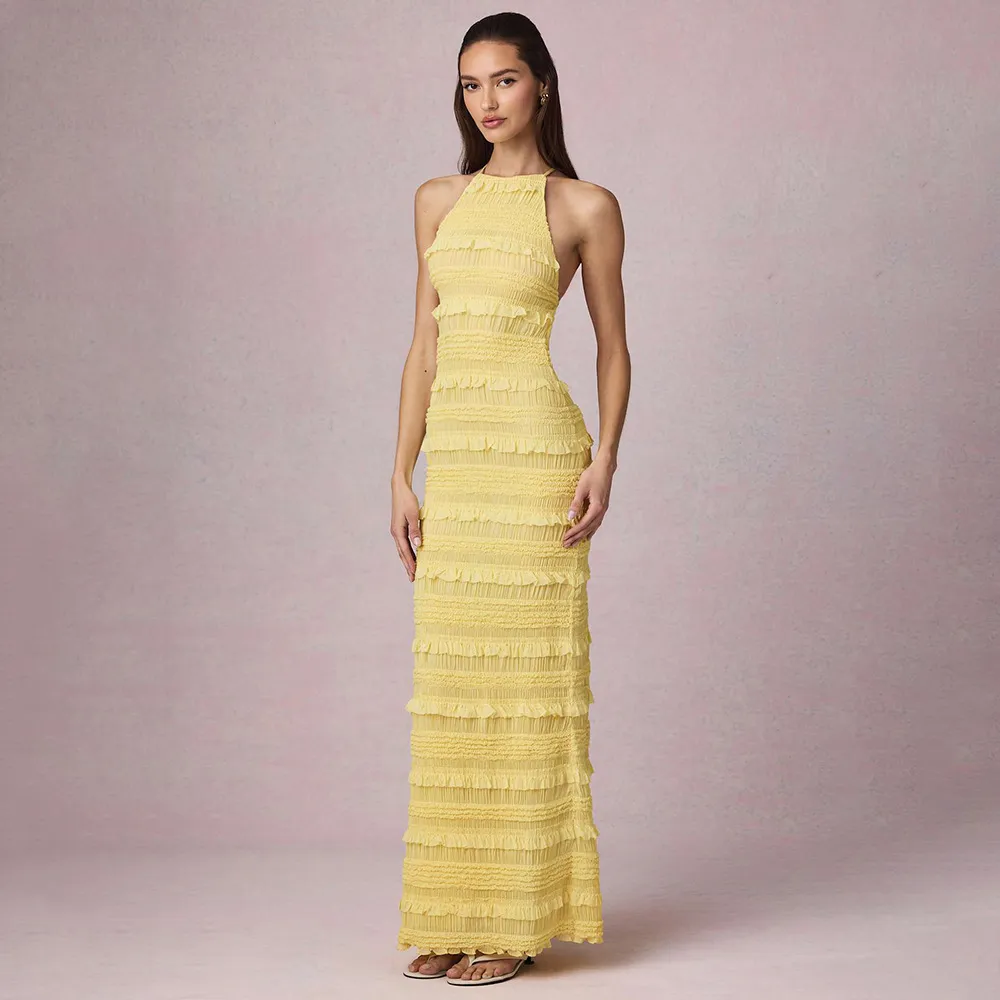 Women Fashion Sexy Summer Solid Color Lotus Leaf Lace Sleeveless Backless Neck Strap Long Dress