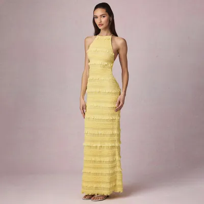 Women Fashion Sexy Summer Solid Color Lotus Leaf Lace Sleeveless Backless Neck Strap Long Dress