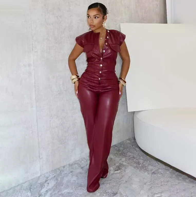 Women'S Fashion Solid Color Pu Leather Sleeveless Single-Breasted Slim-Fit Jumpsuit