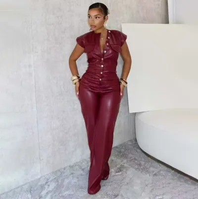 Women'S Fashion Solid Color Pu Leather Sleeveless Single-Breasted Slim-Fit Jumpsuit