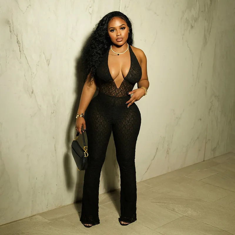 Women'S Fashion Sexy Deep V-Neck Lace Backless Jumpsuit