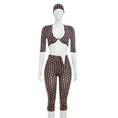 Women Fashion Sexy Leopard Printed Deep V Short-Sleeve Crop Slim-Fit Pants Two-Piece Set