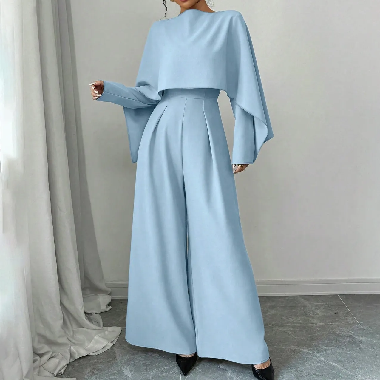 Women'S Fashion Elegant Spring And Autumn Solid Color Round Neck Long Sleeve Tight Waist Wide Leg Jumpsuits