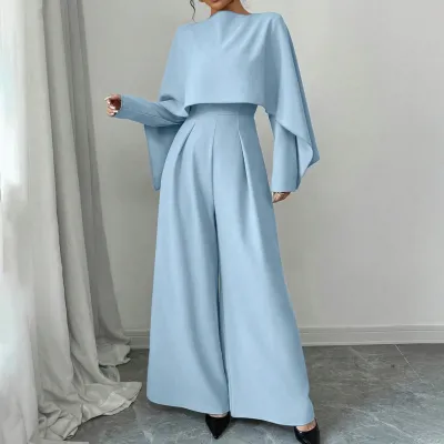 Women'S Fashion Elegant Spring And Autumn Solid Color Round Neck Long Sleeve Tight Waist Wide Leg Jumpsuits