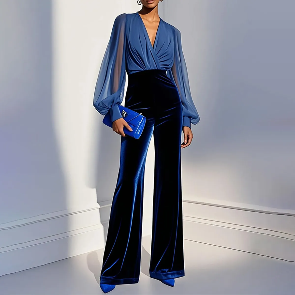 Women'S Fashion Elegant Autumn Mesh Stitching V-Neck Long-Sleeve Waist Wide Leg Jumpsuit