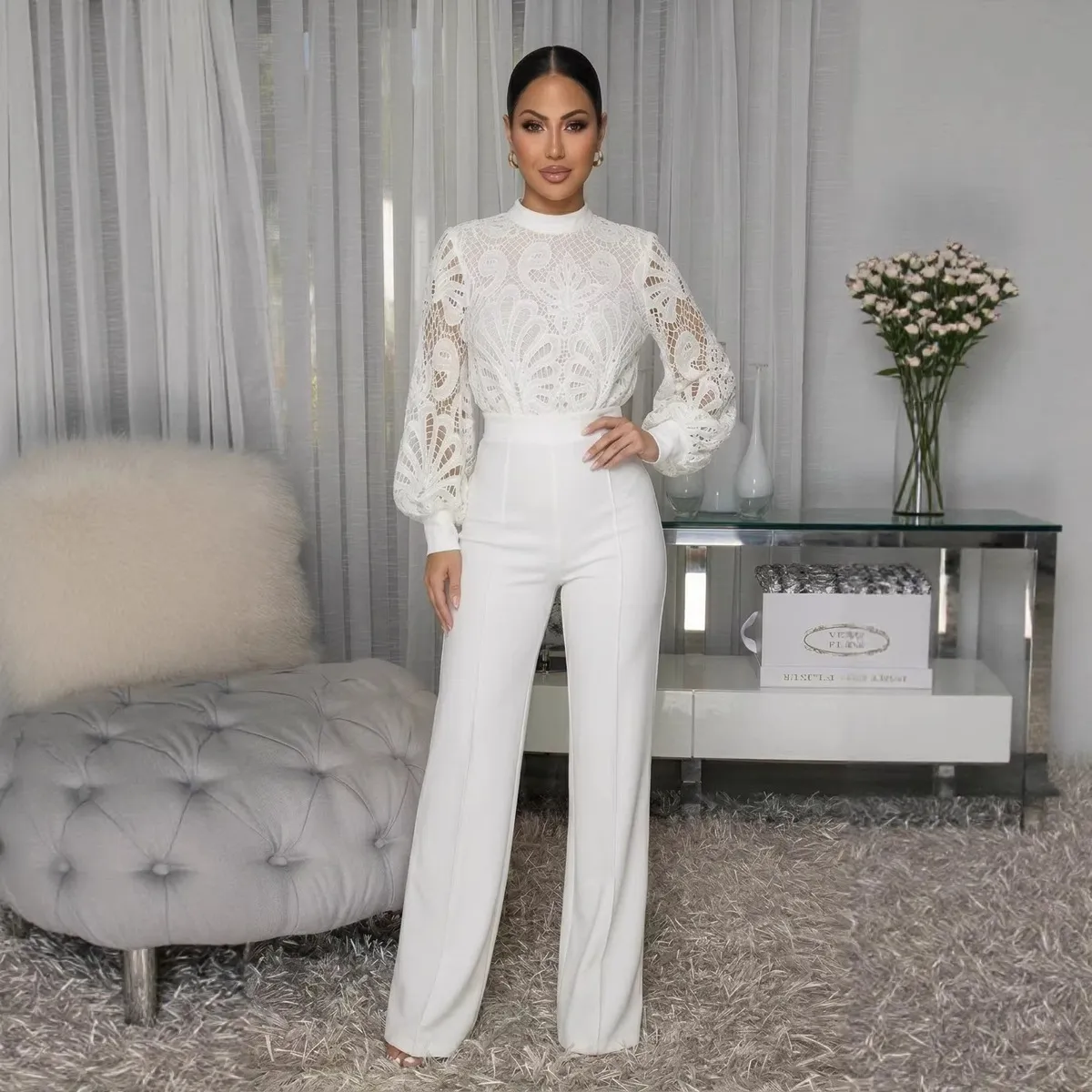 Women'S Fashion Elegant Line Lace Stitching Long-Sleeve Wide-Leg Jumpsuit