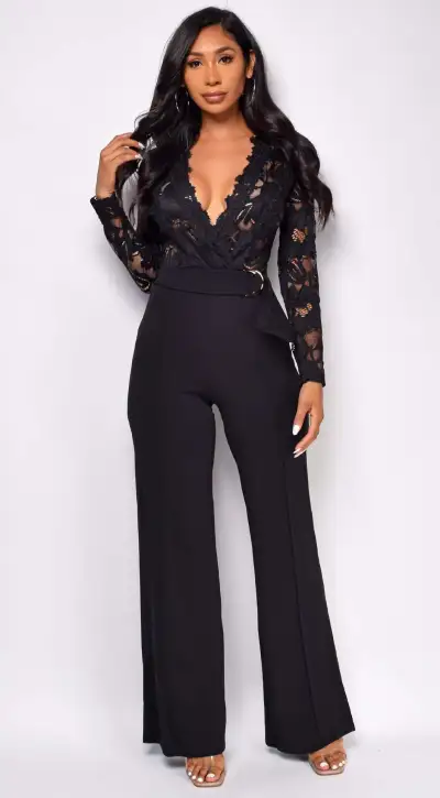 Women'S Fashion Elegant Solid Color Lace Stitching V-Neck Long-Sleeve Wide-Leg Jumpsuit