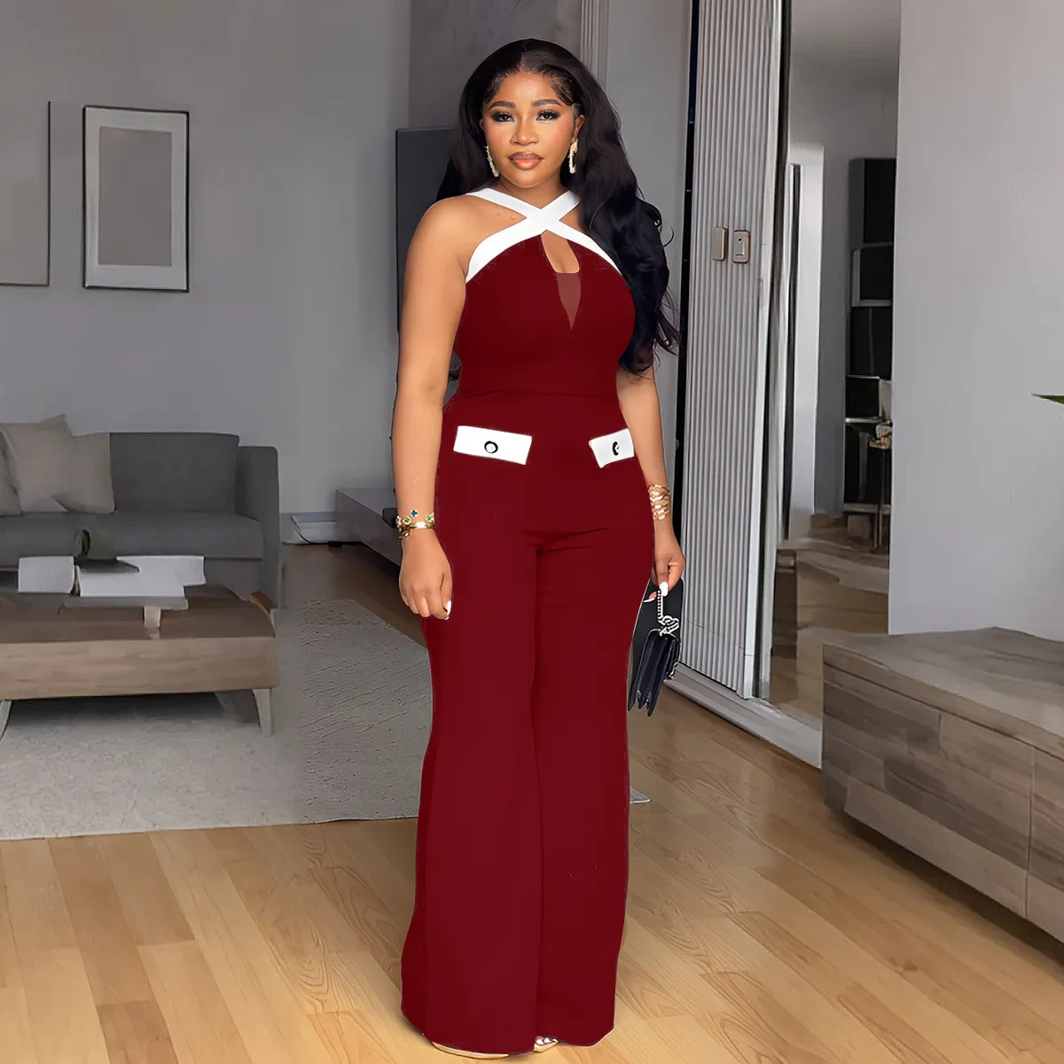 Women Fashion Elegant Contrast Color Crossover Strap Slim-Fit Stretch Wide Leg Jumpsuits