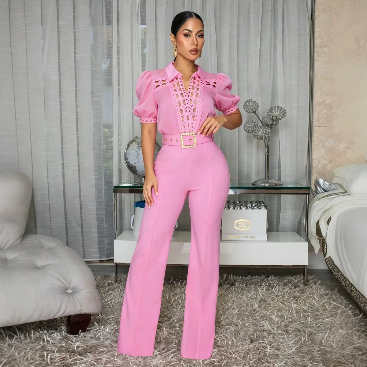 Women'S Fashion Elegant Solid Color Lace Stitching Lapel Short-Sleeve Wide Leg Jumpsuit