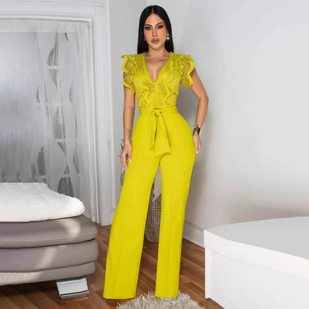Women Fashion Solid Color Line Lace Stitching Sleeveless Slim-Fit Jumpsuit