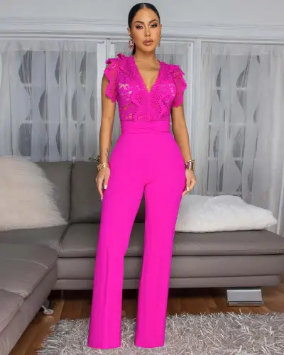 Women Fashion Solid Color Line Lace Stitching Sleeveless Slim-Fit Jumpsuit