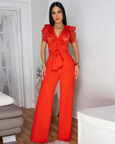 Women Fashion Solid Color Line Lace Stitching Sleeveless Slim-Fit Jumpsuit