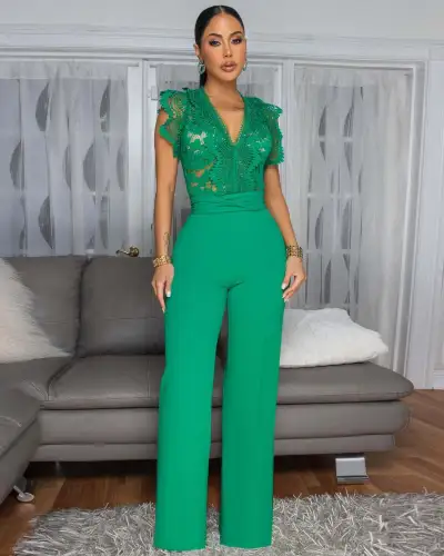 Women Fashion Solid Color Line Lace Stitching Sleeveless Slim-Fit Jumpsuit