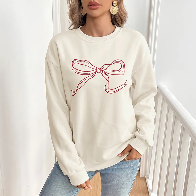 Women Fashion Casual Autumn Round Neck Long Sleeve Bow Loose Sweatshirt